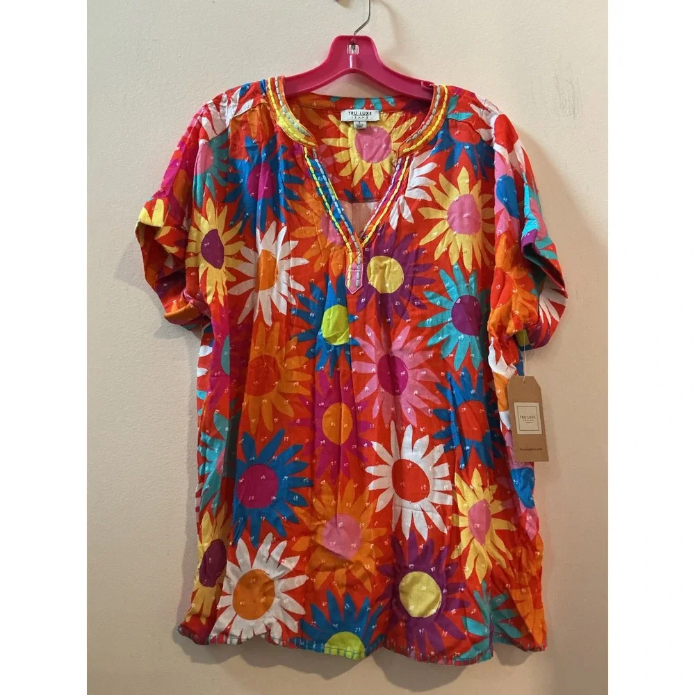 TRU LUXE JEANS Women's‎ Colorful Floral Tunic Top V-Neck Short Sleeve Large Y2K - Picture 3 of 5